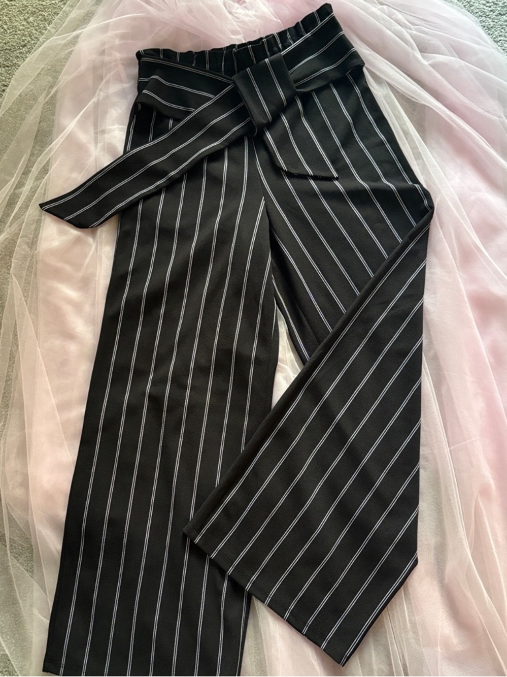 Ultra Flirt Black Pinstripe Wide-Leg Tie-Waist Pants